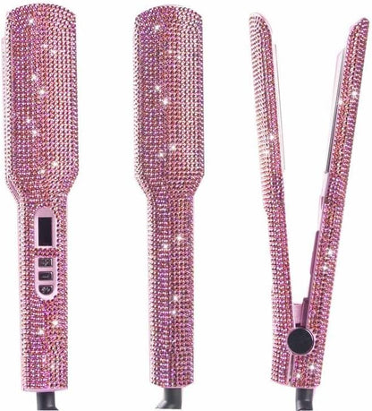 Crystal Diamond Professional Hair Straightener, 2 Inch Titanium Flat Iron Bling Rhinestone Straightening Iron Curling 2 in 1, Salon High Heat 480 °F, Instant Heat Up, Dual Voltage, Rose Pink