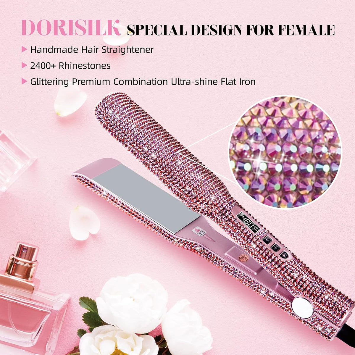 Crystal Diamond Professional Hair Straightener, 2 Inch Titanium Flat Iron Bling Rhinestone Straightening Iron Curling 2 in 1, Salon High Heat 480 °F, Instant Heat Up, Dual Voltage, Rose Pink