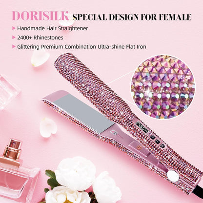 Crystal Diamond Professional Hair Straightener, 2 Inch Titanium Flat Iron Bling Rhinestone Straightening Iron Curling 2 in 1, Salon High Heat 480 °F, Instant Heat Up, Dual Voltage, Rose Pink