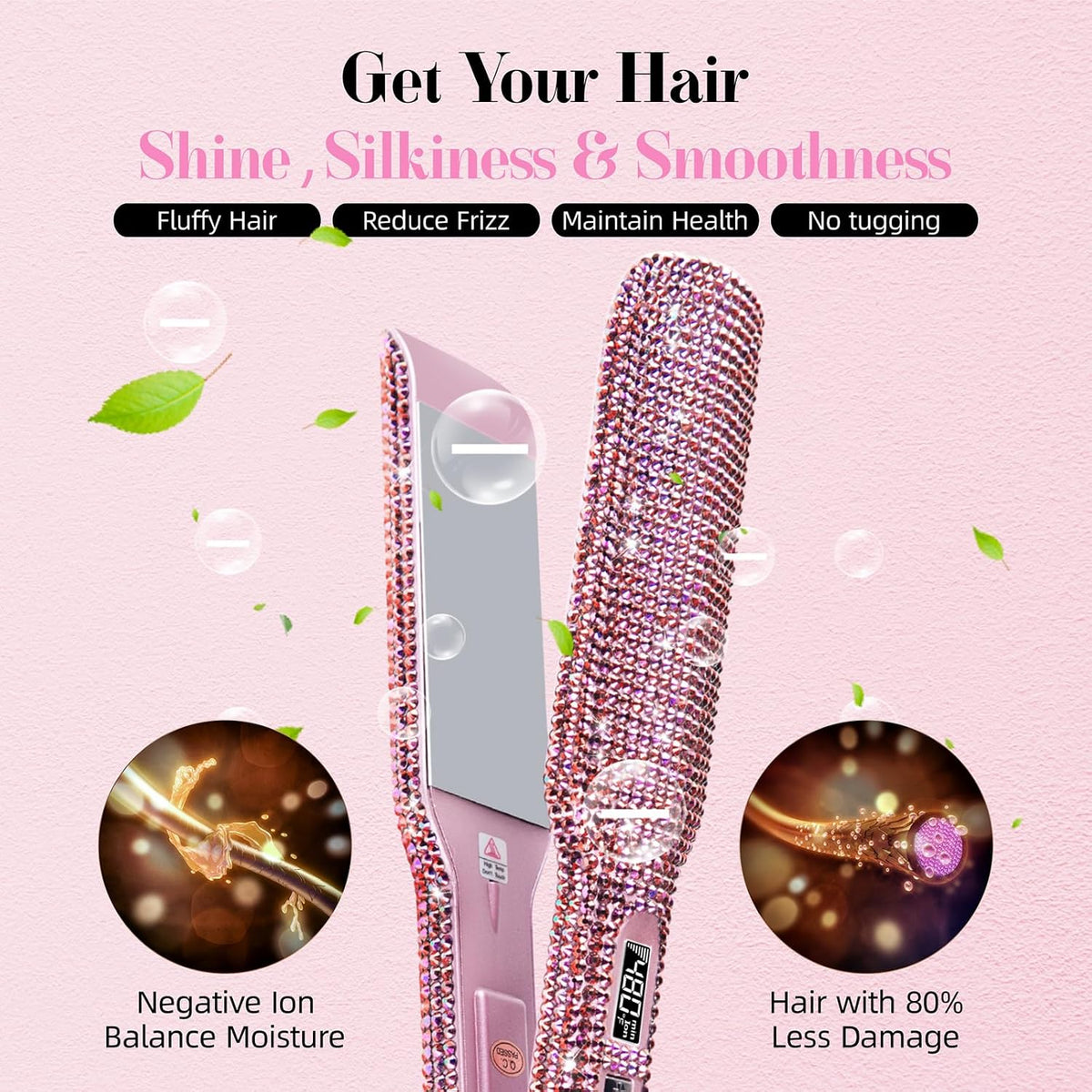 Crystal Diamond Professional Hair Straightener, 2 Inch Titanium Flat Iron Bling Rhinestone Straightening Iron Curling 2 in 1, Salon High Heat 480 °F, Instant Heat Up, Dual Voltage, Rose Pink