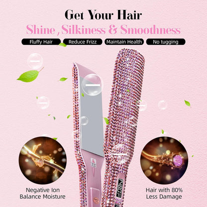 Crystal Diamond Professional Hair Straightener, 2 Inch Titanium Flat Iron Bling Rhinestone Straightening Iron Curling 2 in 1, Salon High Heat 480 °F, Instant Heat Up, Dual Voltage, Rose Pink