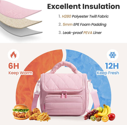 Insulated Lunch Bags for Women, Meal Prep Kit with Containers & XL Ice Pack,Cute Quilted Lunch Box, Lightweight Puffy Padded Lunch Tote, Reusable for Work Picnic Travel