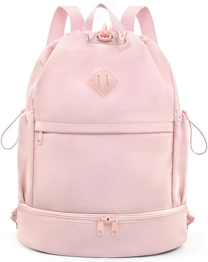 Drawstring Gym Backpack with Shoe Compartment and Wet Pocket, Pink
