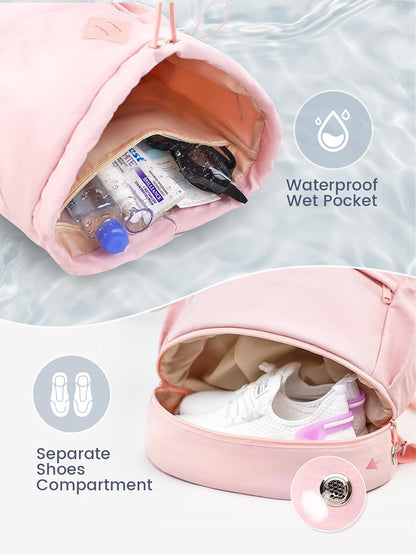 Drawstring Gym Backpack with Shoe Compartment and Wet Pocket, Pink
