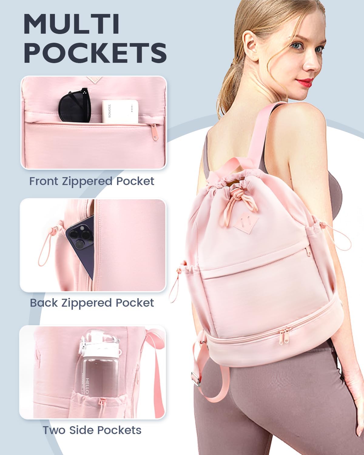Drawstring Gym Backpack with Shoe Compartment and Wet Pocket, Pink