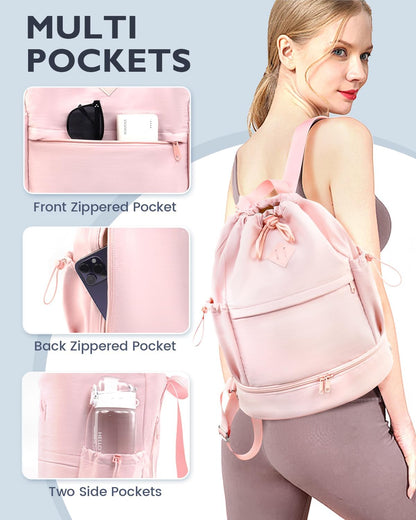 Drawstring Gym Backpack with Shoe Compartment and Wet Pocket, Pink