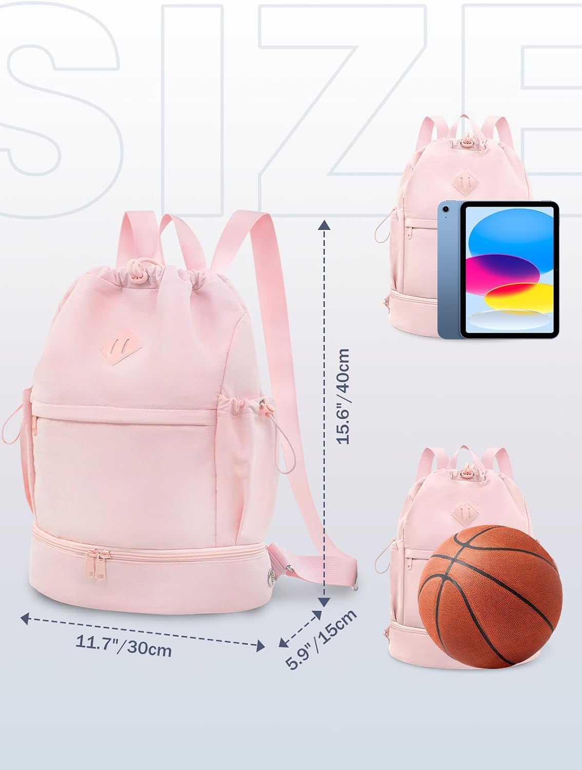Drawstring Gym Backpack with Shoe Compartment and Wet Pocket, Pink