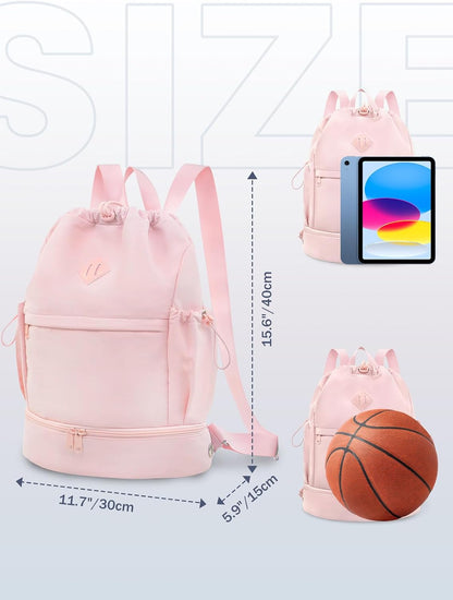 Drawstring Gym Backpack with Shoe Compartment and Wet Pocket, Pink