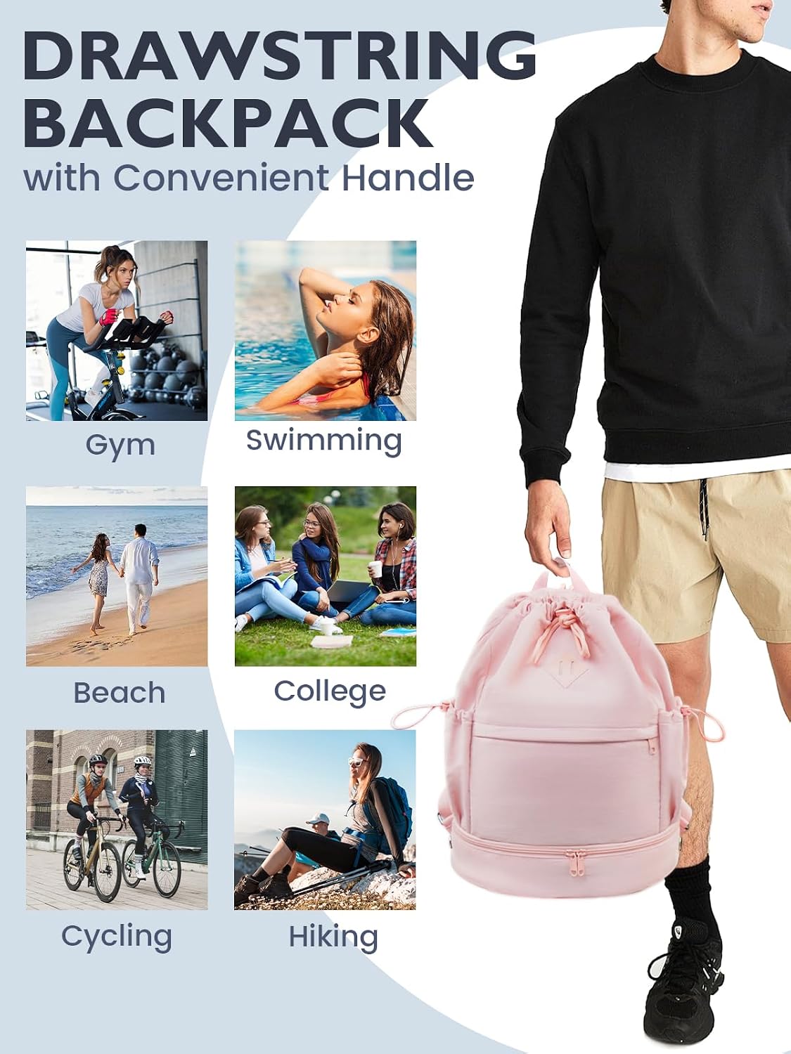 Drawstring Gym Backpack with Shoe Compartment and Wet Pocket, Pink