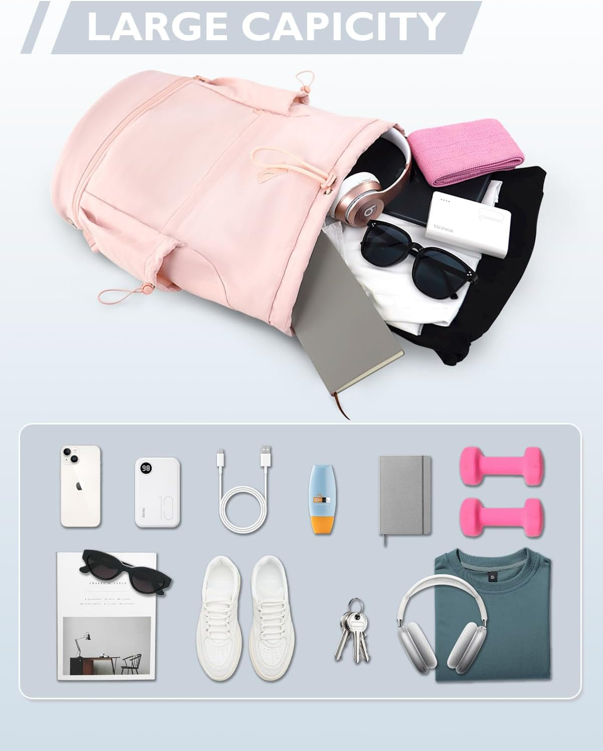 Drawstring Gym Backpack with Shoe Compartment and Wet Pocket, Pink
