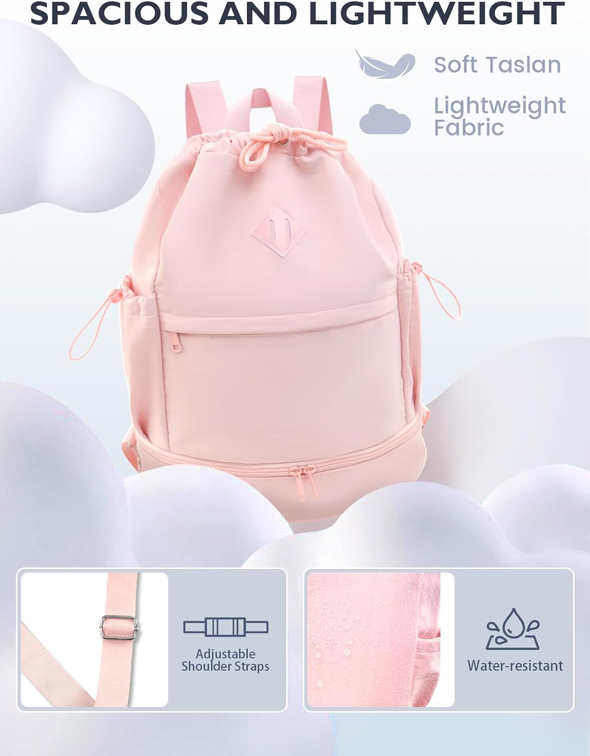 Drawstring Gym Backpack with Shoe Compartment and Wet Pocket, Pink