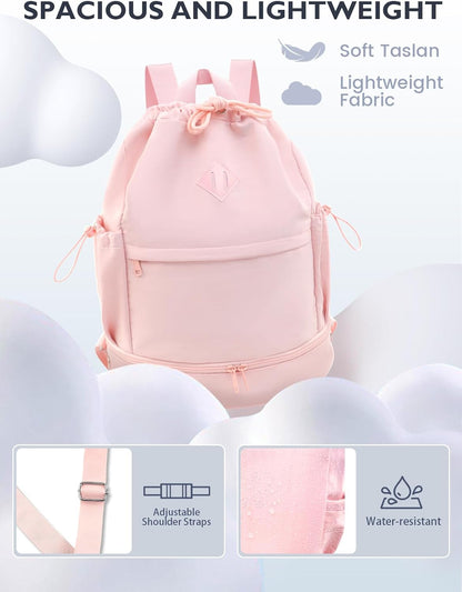 Drawstring Gym Backpack with Shoe Compartment and Wet Pocket, Pink