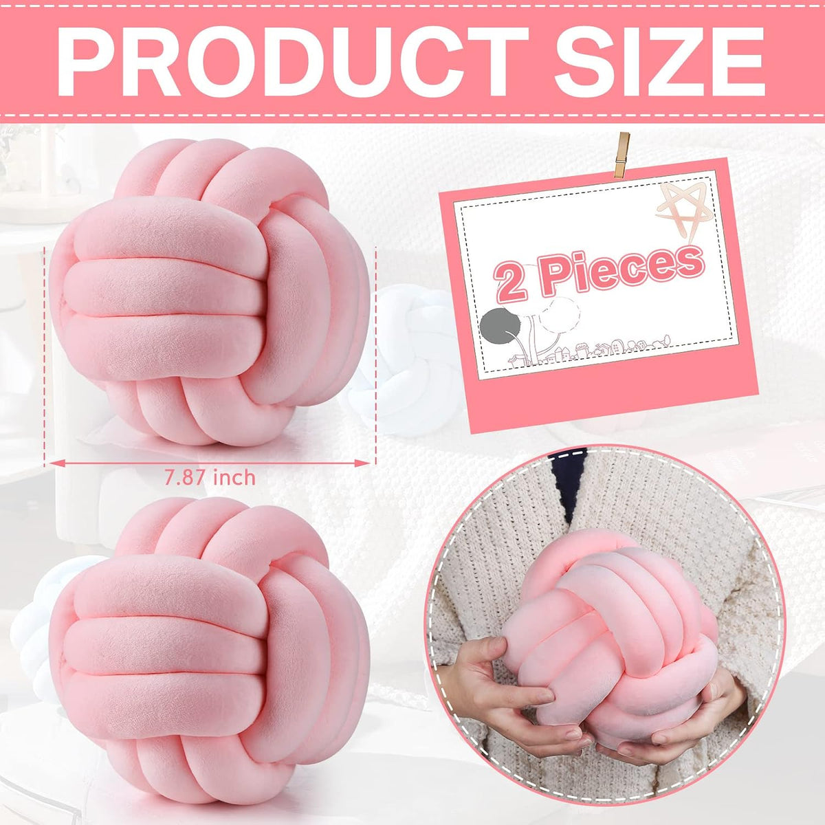 7.87 Inches 2 Pcs Knot Pillow Decorative Throw Pillow, Light Pink