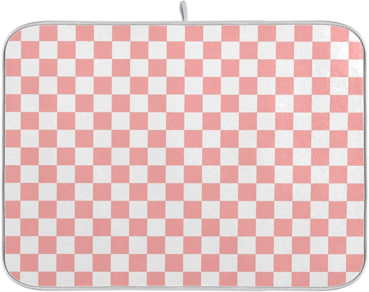 White Pink Checkered Pattern Dish Drying Mat for Kitchen Counter Absorbent Reversible Microfiber Drying Pad Countertop Drainer Mats, Small 16 x 18 inch