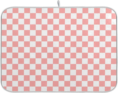 White Pink Checkered Pattern Dish Drying Mat for Kitchen Counter Absorbent Reversible Microfiber Drying Pad Countertop Drainer Mats, Small 16 x 18 inch