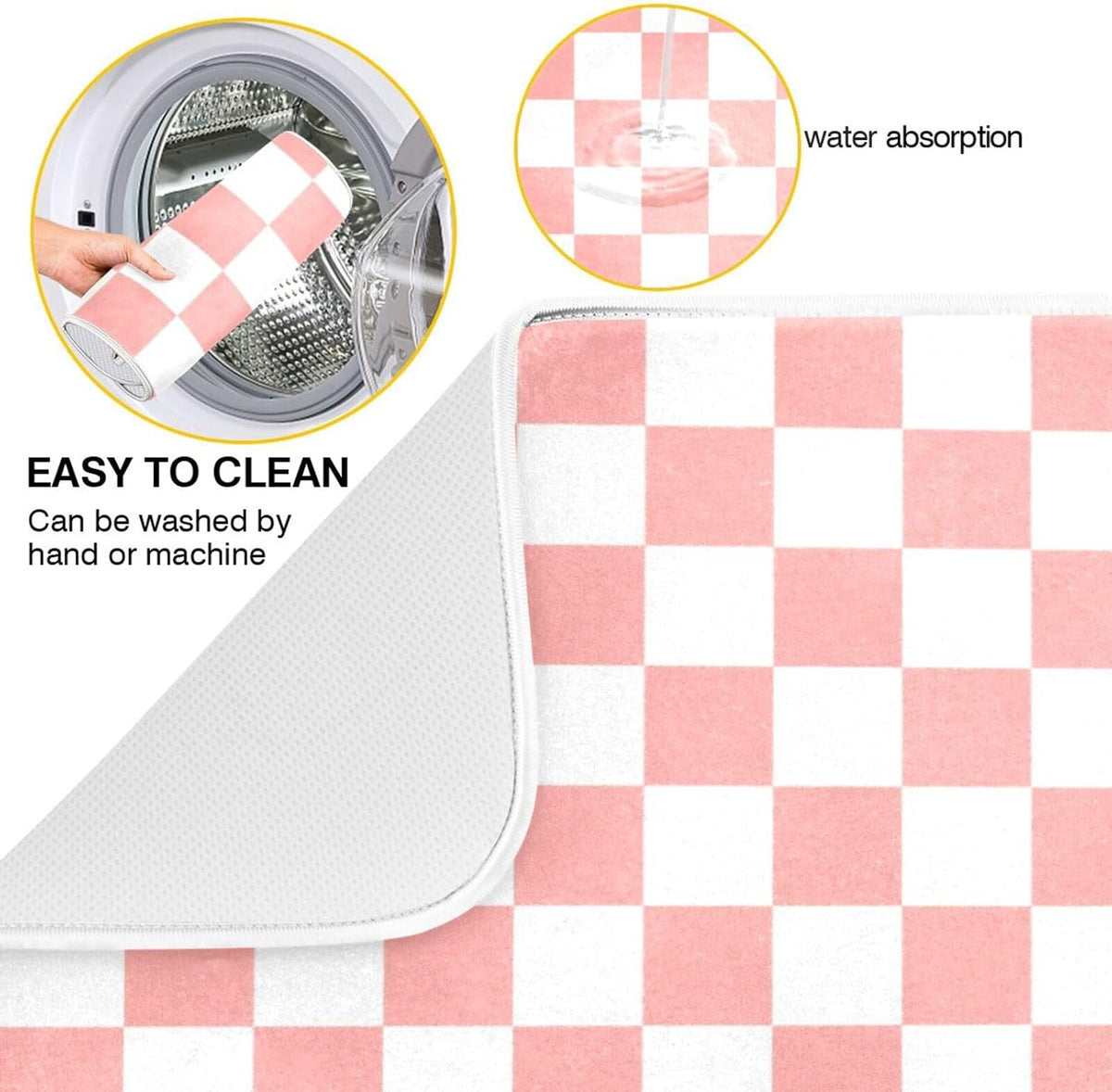 White Pink Checkered Pattern Dish Drying Mat for Kitchen Counter Absorbent Reversible Microfiber Drying Pad Countertop Drainer Mats, Small 16 x 18 inch