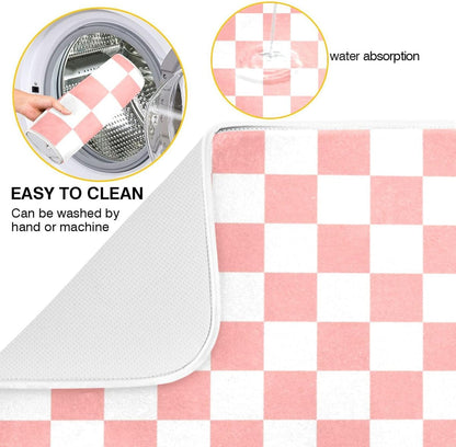 White Pink Checkered Pattern Dish Drying Mat for Kitchen Counter Absorbent Reversible Microfiber Drying Pad Countertop Drainer Mats, Small 16 x 18 inch