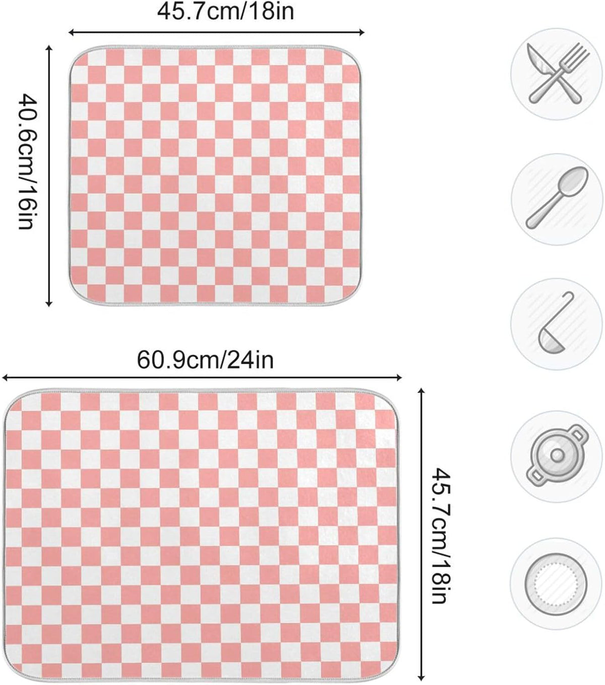 White Pink Checkered Pattern Dish Drying Mat for Kitchen Counter Absorbent Reversible Microfiber Drying Pad Countertop Drainer Mats, Small 16 x 18 inch