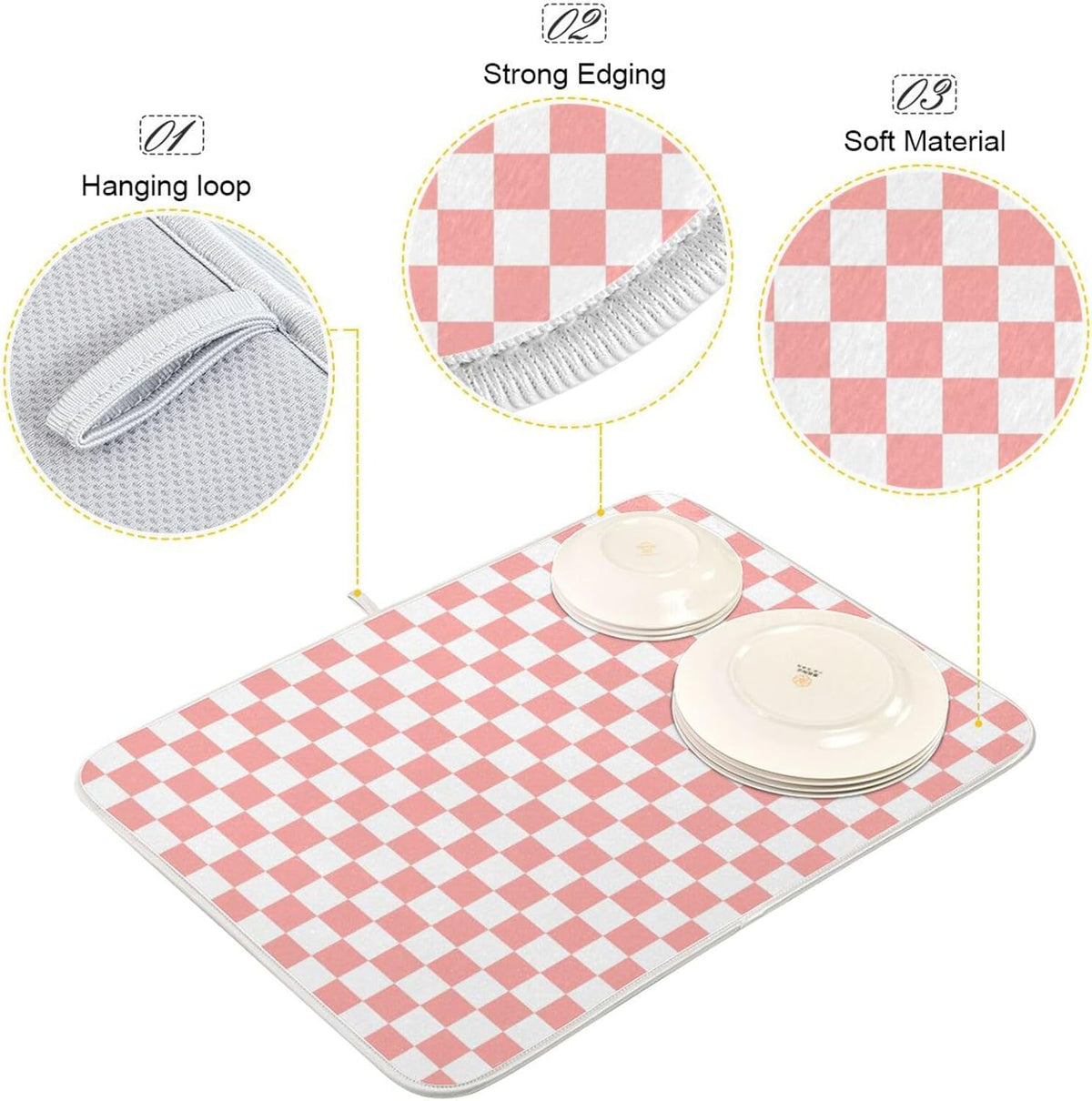 White Pink Checkered Pattern Dish Drying Mat for Kitchen Counter Absorbent Reversible Microfiber Drying Pad Countertop Drainer Mats, Small 16 x 18 inch