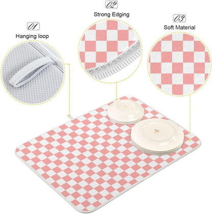 White Pink Checkered Pattern Dish Drying Mat for Kitchen Counter Absorbent Reversible Microfiber Drying Pad Countertop Drainer Mats, Small 16 x 18 inch