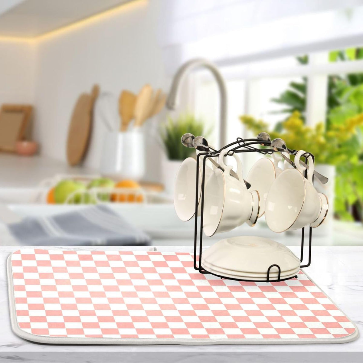 White Pink Checkered Pattern Dish Drying Mat for Kitchen Counter Absorbent Reversible Microfiber Drying Pad Countertop Drainer Mats, Small 16 x 18 inch
