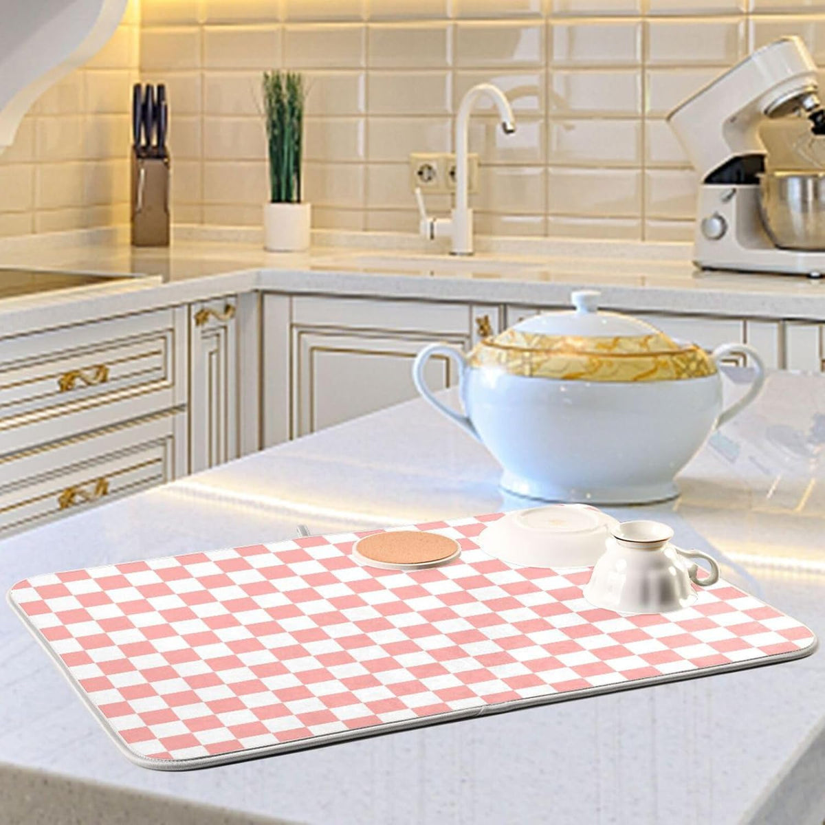 White Pink Checkered Pattern Dish Drying Mat for Kitchen Counter Absorbent Reversible Microfiber Drying Pad Countertop Drainer Mats, Small 16 x 18 inch