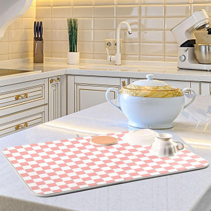 White Pink Checkered Pattern Dish Drying Mat for Kitchen Counter Absorbent Reversible Microfiber Drying Pad Countertop Drainer Mats, Small 16 x 18 inch