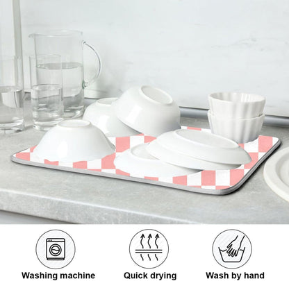 White Pink Checkered Pattern Dish Drying Mat for Kitchen Counter Absorbent Reversible Microfiber Drying Pad Countertop Drainer Mats, Small 16 x 18 inch