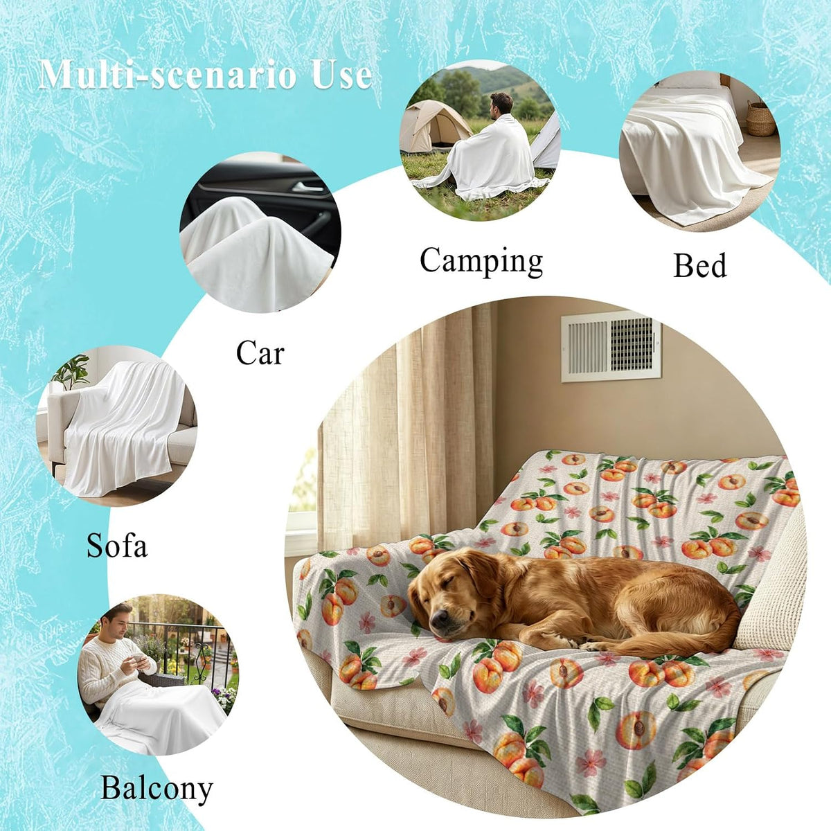 50"x60" Standard Throw Cooling Blanket Peaches Ice Silk Lightweight Breathable Soft Summer Blanket for Hot Sleepers Couch Bed Sofa Camping Flowers Summer Fruit Linen