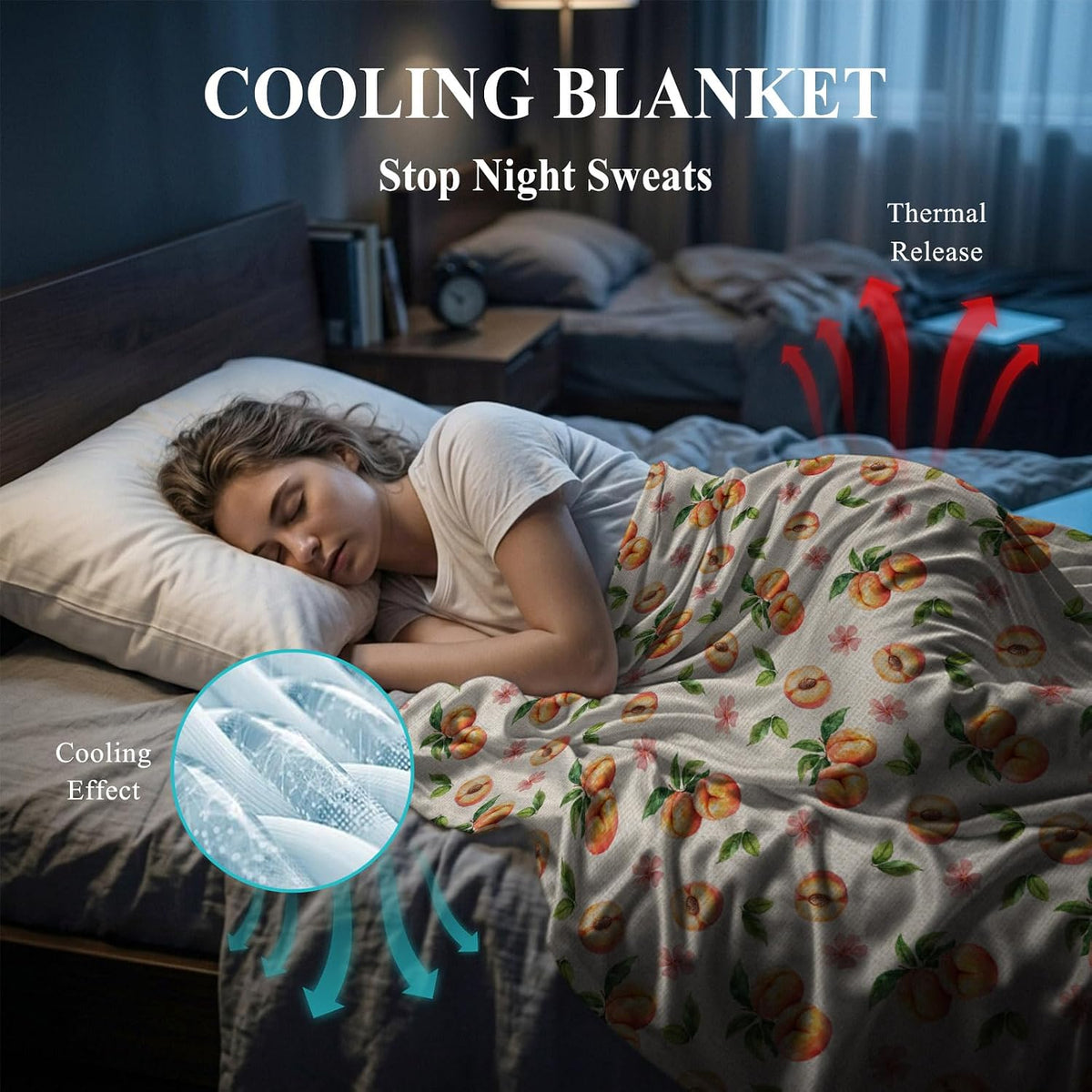 50"x60" Standard Throw Cooling Blanket Peaches Ice Silk Lightweight Breathable Soft Summer Blanket for Hot Sleepers Couch Bed Sofa Camping Flowers Summer Fruit Linen