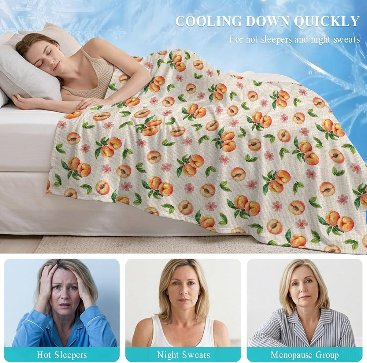 50"x60" Standard Throw Cooling Blanket Peaches Ice Silk Lightweight Breathable Soft Summer Blanket for Hot Sleepers Couch Bed Sofa Camping Flowers Summer Fruit Linen