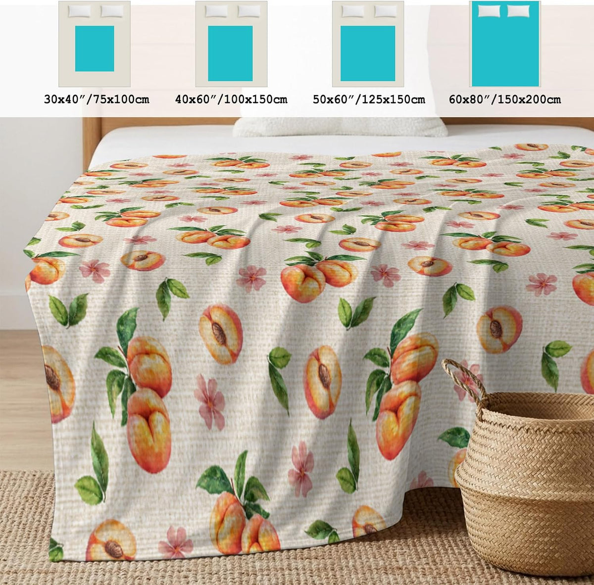50"x60" Standard Throw Cooling Blanket Peaches Ice Silk Lightweight Breathable Soft Summer Blanket for Hot Sleepers Couch Bed Sofa Camping Flowers Summer Fruit Linen