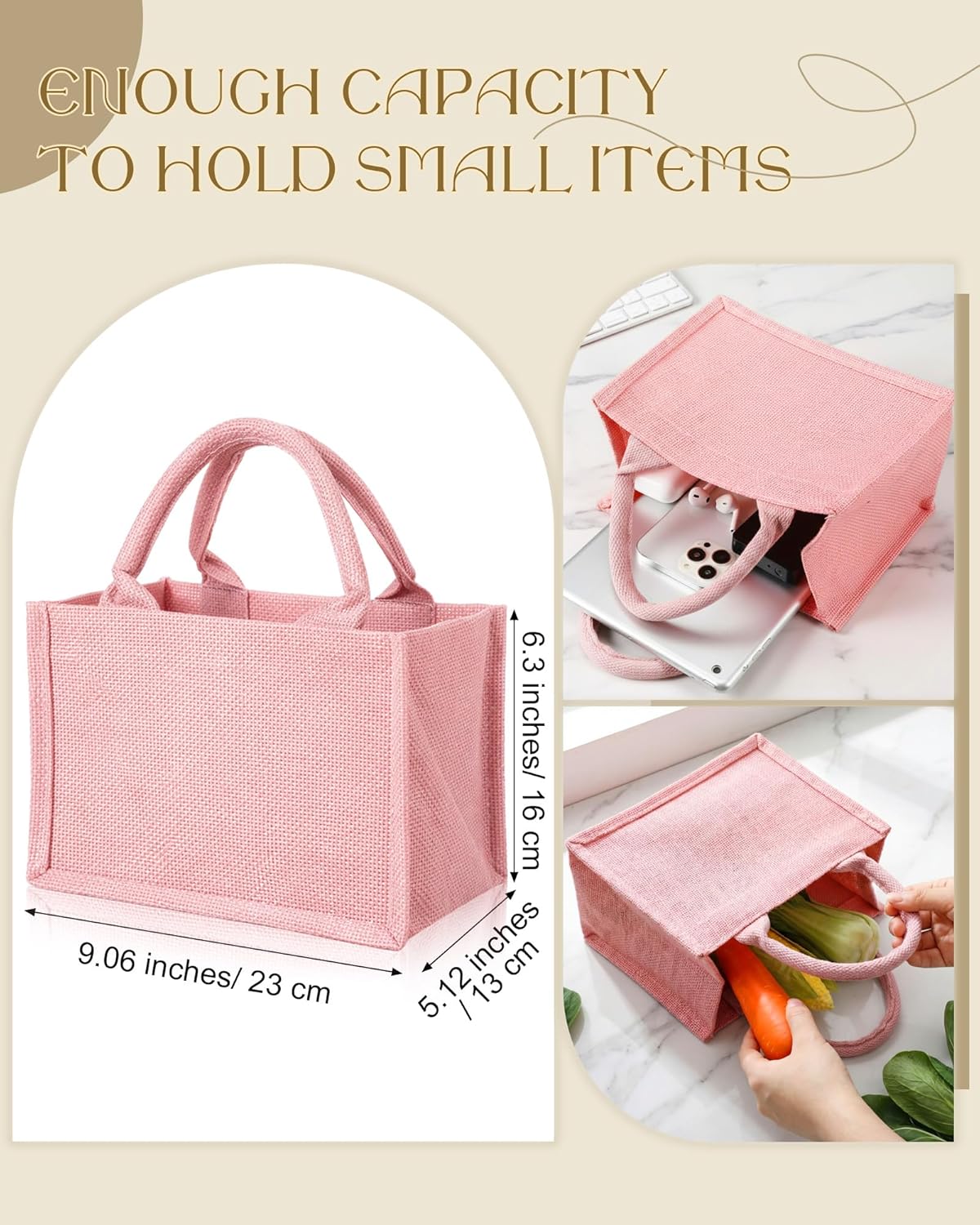 12 Pcs Burlap Tote Bag Mini Jute Reusable Bag with Handles Small Blank Canvas Gift Waterproof for Wedding Beach DIY