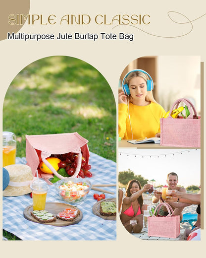 12 Pcs Burlap Tote Bag Mini Jute Reusable Bag with Handles Small Blank Canvas Gift Waterproof for Wedding Beach DIY
