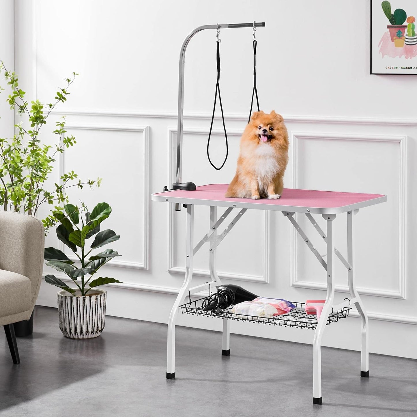 Yaheetech 36'' Dog Grooming Table, Adjustable Pet Foldable Grooming Table w/Double Loops/Mesh Tray Maximum Capacity Up to 220lbs, Pink
