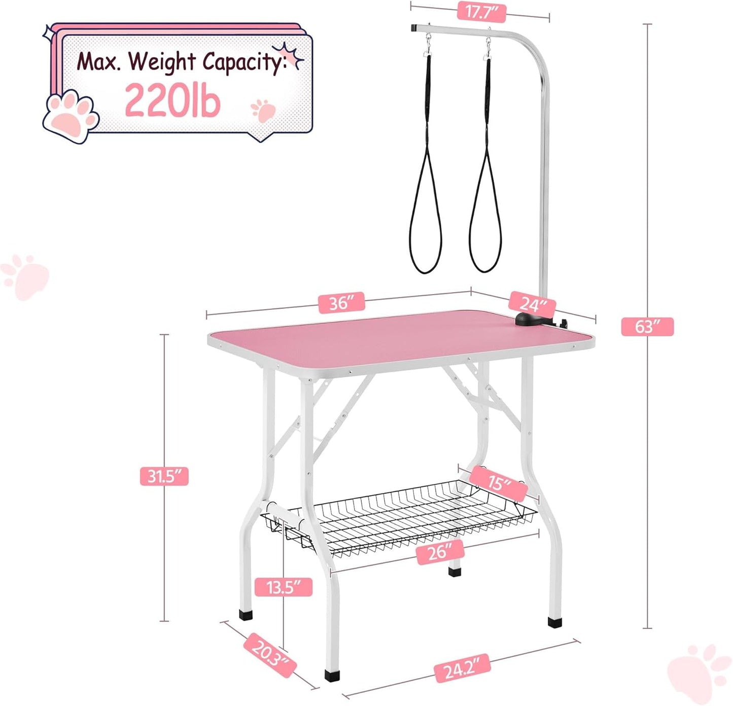 Yaheetech 36'' Dog Grooming Table, Adjustable Pet Foldable Grooming Table w/Double Loops/Mesh Tray Maximum Capacity Up to 220lbs, Pink