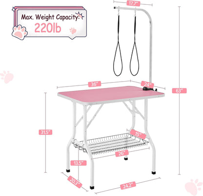 Yaheetech 36'' Dog Grooming Table, Adjustable Pet Foldable Grooming Table w/Double Loops/Mesh Tray Maximum Capacity Up to 220lbs, Pink