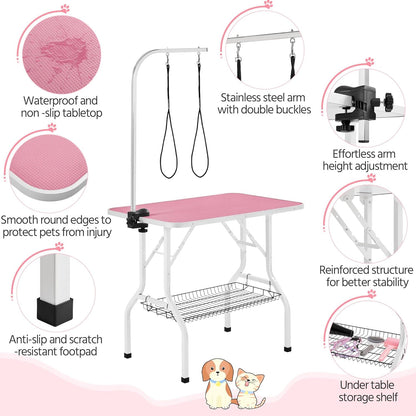 Yaheetech 36'' Dog Grooming Table, Adjustable Pet Foldable Grooming Table w/Double Loops/Mesh Tray Maximum Capacity Up to 220lbs, Pink