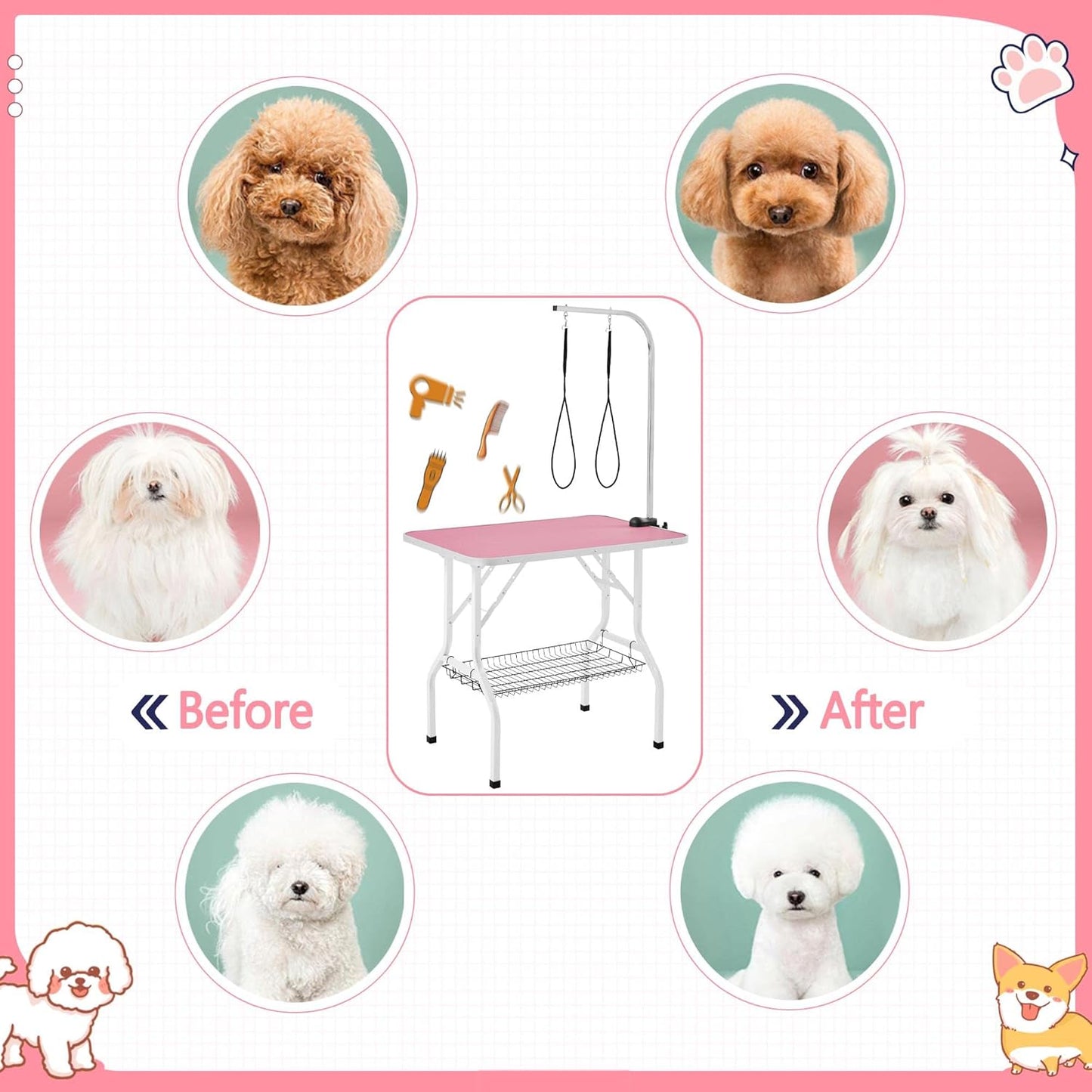 Yaheetech 36'' Dog Grooming Table, Adjustable Pet Foldable Grooming Table w/Double Loops/Mesh Tray Maximum Capacity Up to 220lbs, Pink