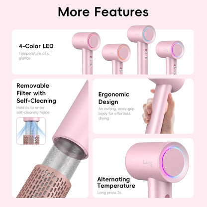 Hair Dryer, TurboLux Ionic 200 Million Negative Ions 1500W Fast Drying High Speed Hairdryer with Diffuser, Lightweight, Low Noise Hair Dryers for Women with 110000 RPM Brushless Motor (Pink)