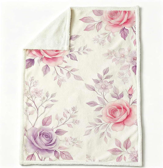 Floral Double-Layer Reversible Fleece Throw Blanket 30”x 40” | Pink Purple Plush Microfiber Blanket for Couch,Lightweight Warm for Bed & Sofa Watercolor Romantic