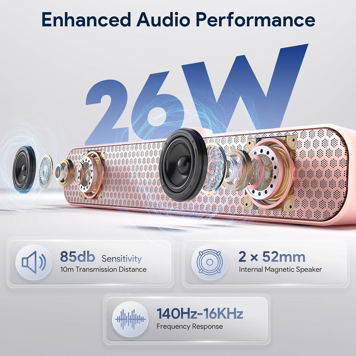 FULMINARE Bluetooth Speaker with 26W HD Sound, Portable Speaker Up to 30H Playtime, AUX&TF-Card&USB Input, LED Lights, Speakers Bluetooth 5.3 Wireless for Home/Party/Outdoor, Birthday Gift (Pink)