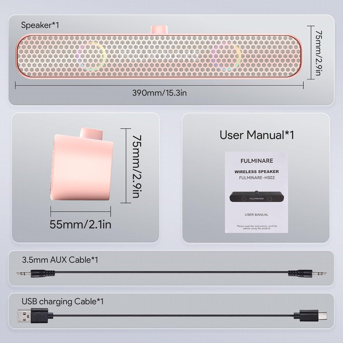FULMINARE Bluetooth Speaker with 26W HD Sound, Portable Speaker Up to 30H Playtime, AUX&TF-Card&USB Input, LED Lights, Speakers Bluetooth 5.3 Wireless for Home/Party/Outdoor, Birthday Gift (Pink)