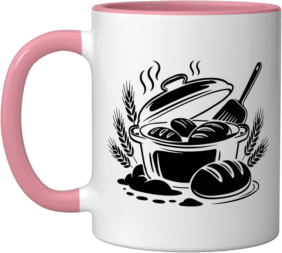 Vintage Dutch Oven Steam Bread Rustic Illustration Baker Art Ceramic Mug, Pink/White