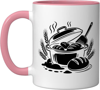 Vintage Dutch Oven Steam Bread Rustic Illustration Baker Art Ceramic Mug, Pink/White