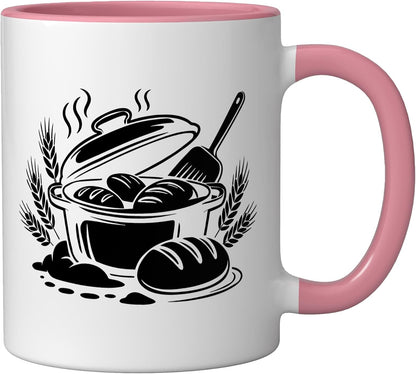 Vintage Dutch Oven Steam Bread Rustic Illustration Baker Art Ceramic Mug, Pink/White