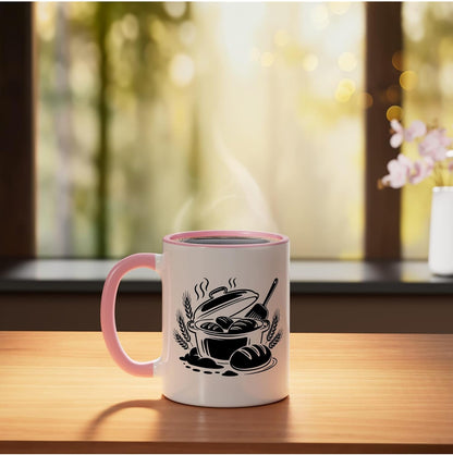 Vintage Dutch Oven Steam Bread Rustic Illustration Baker Art Ceramic Mug, Pink/White