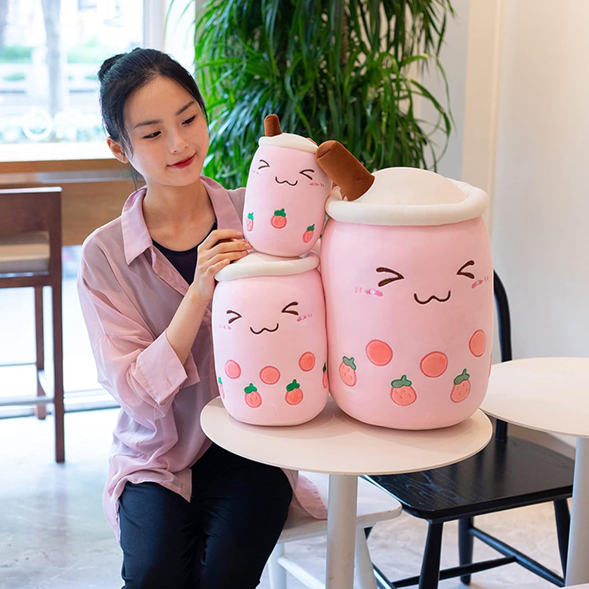 Cute Stuffed Boba Plush Bubble Tea Plushie Pillow Milk Cup Food Plush, Soft Kawaii Hugging Toys Gifts for Kids(Pink, 9.4 inch)