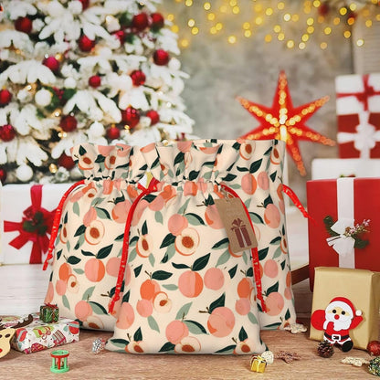 Peaches (3) Print Christmas Drawstring Gift Bags, Reusable Candy Treat Bags For Holiday Birthday Party