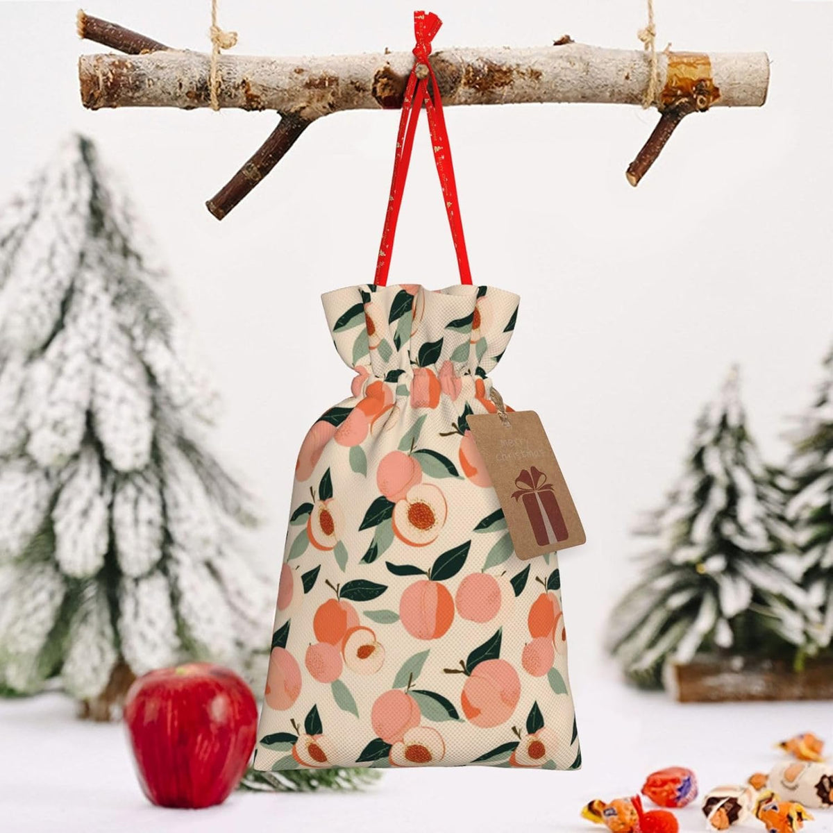 Peaches (3) Print Christmas Drawstring Gift Bags, Reusable Candy Treat Bags For Holiday Birthday Party